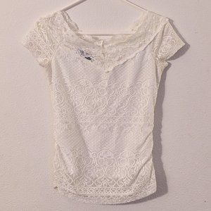 BCX Fitted White Lace Blouse, Medium, Lined, Floral Detailing Top, Short Sleeve